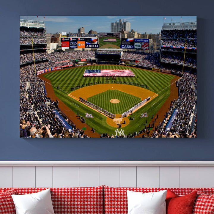 The Yankee Stadium New York wall art print features a vibrant scene of baseball fans with a large flag and players, expertly capturing the spirit of the game. This ready-to-hang décor is perfect for adding a dynamic touch to any space.