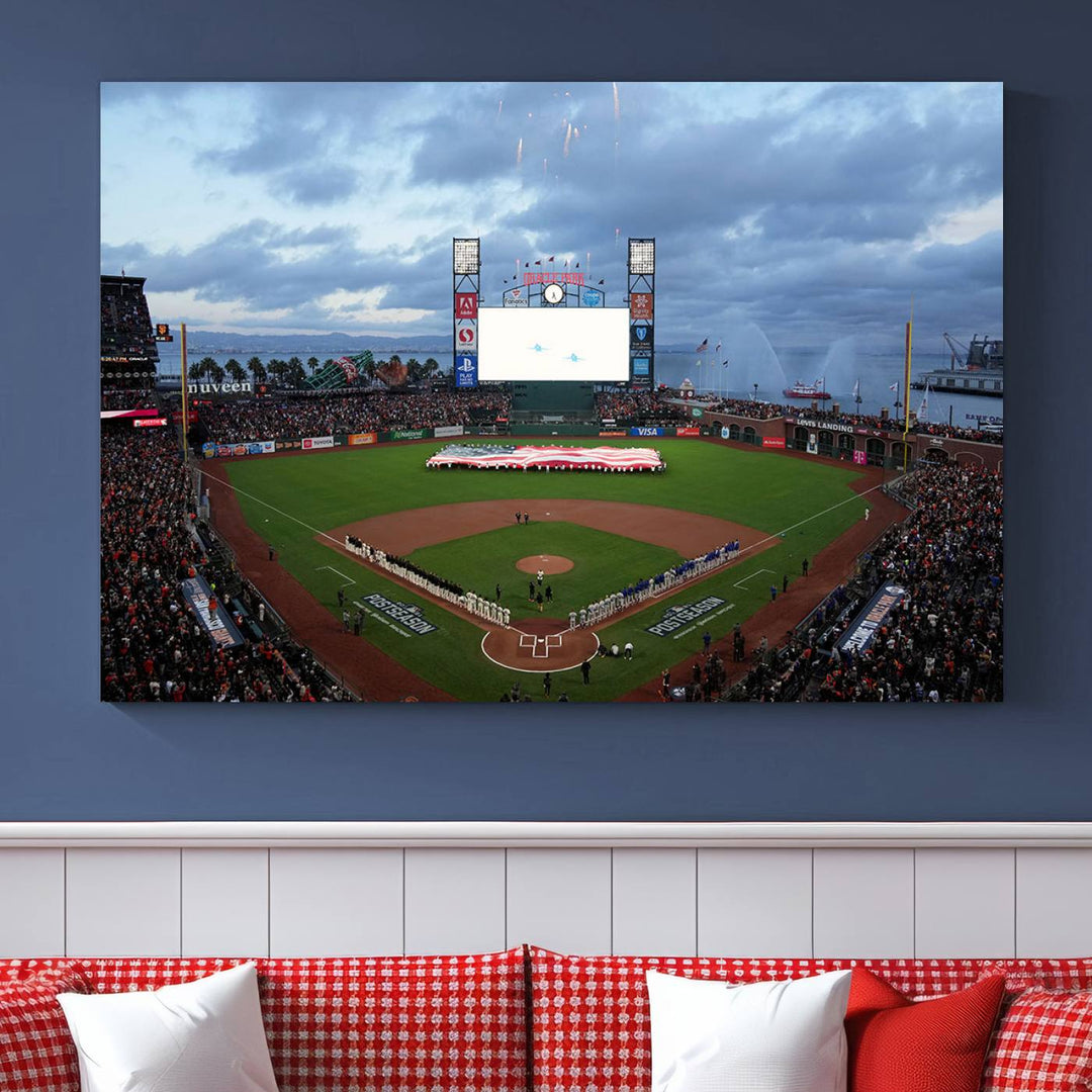 This framed 3-panel canvas MLB wall art features a giant flag and fans under a cloudy sky at Oracle Park.