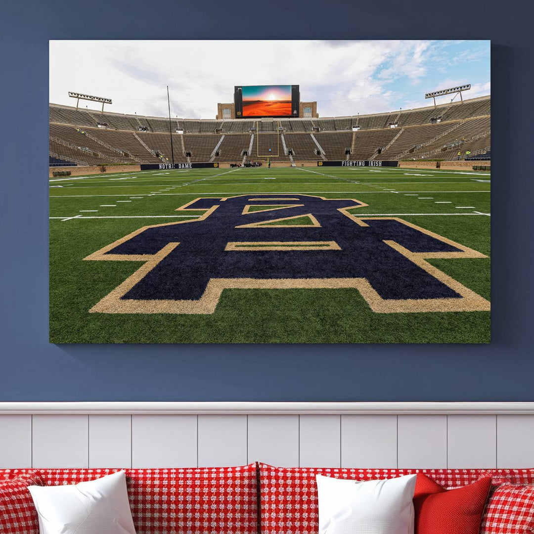 Notre Dame Stadium Triptych: This ready-to-hang giclee canvas print features a vibrant depiction of the football field adorned with an A logo and a stunning sunset.