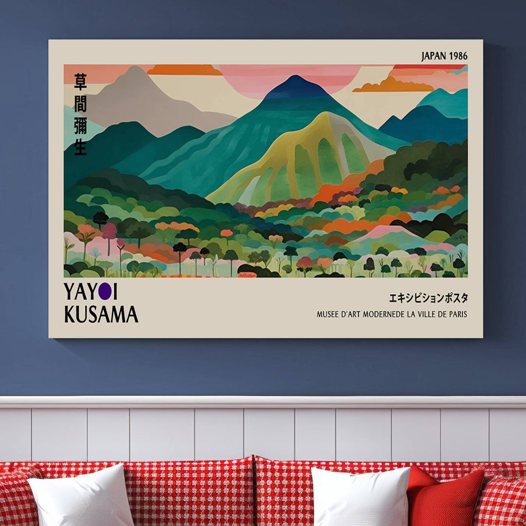 Vibrant Kusama landscape canvas featuring floral mountains and botanical decor, ideal for a modern home.