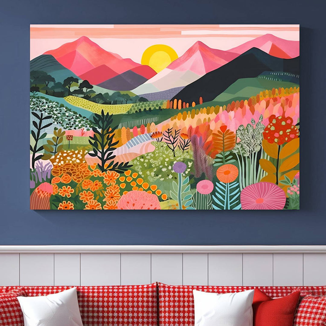 Vibrant abstract landscape canvas: Yayoi Kusama 1986 wall art print featuring mountains, sun, and flowers. Ready-to-hang.