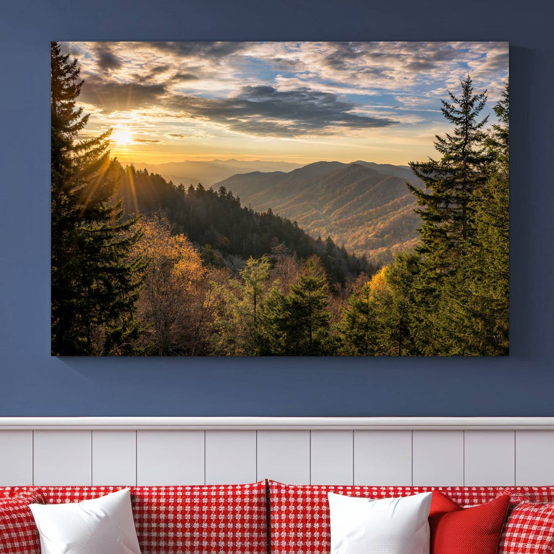 The dining area is beautifully decorated with the Sunrise Over the Smoky Mountains Canvas Wall Art – a breathtaking scenic landscape photography in a stunning triptych that's ready to hang.