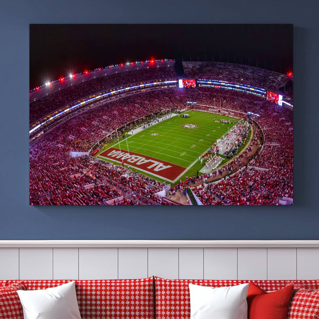 The living room features a Bryant-Denny Stadium Night Game Triple Canvas Wall Art.