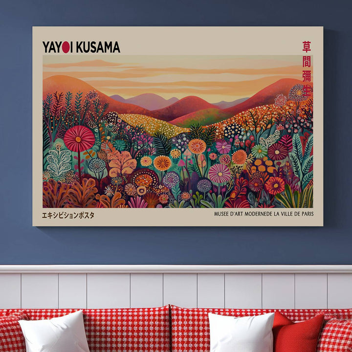 A framed Yayoi Kusama abstract landscape art print adorns the wall.