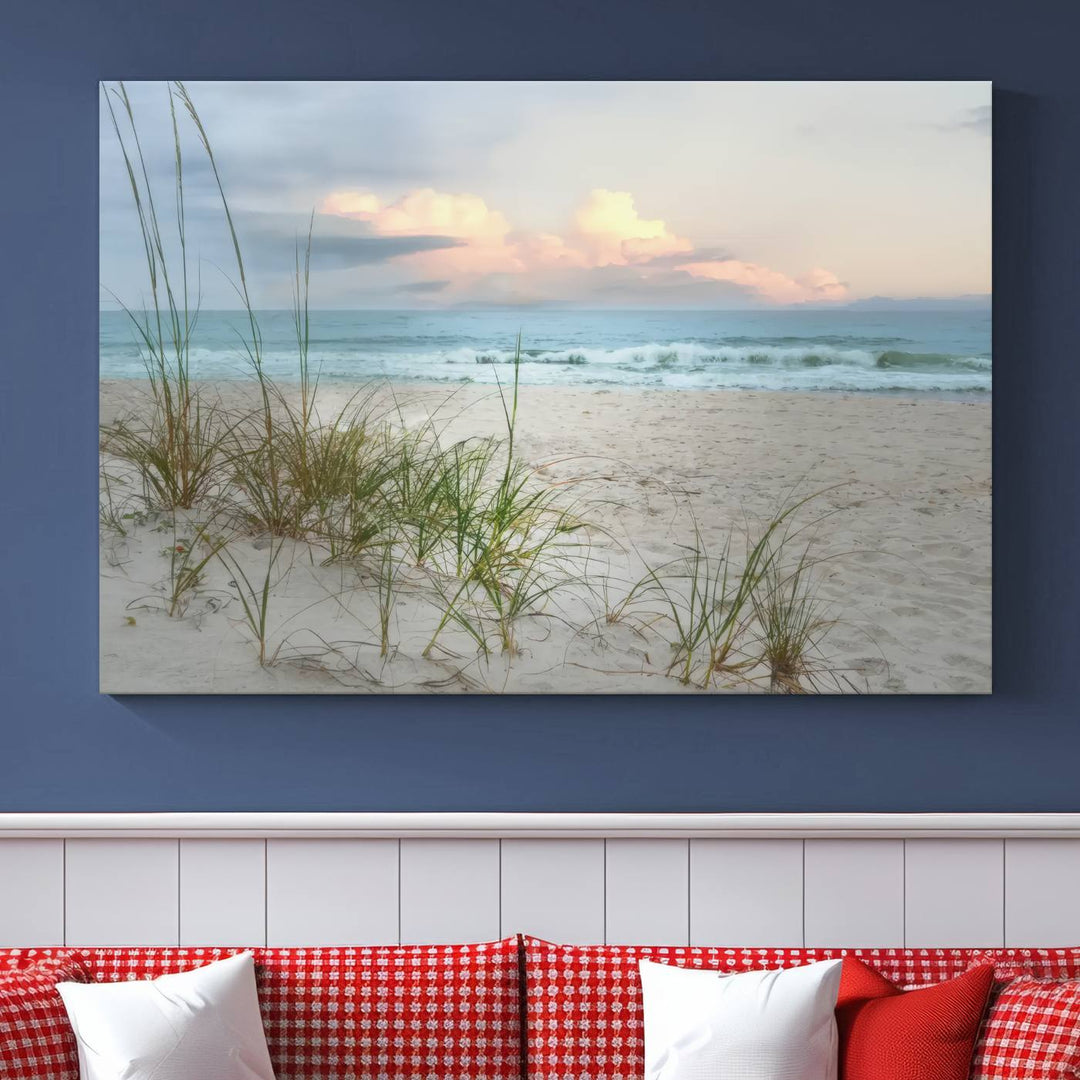 Flight Over Coastal Beach print on UV canvas displayed against white walls.