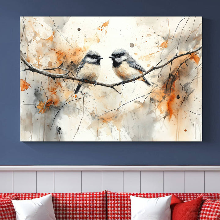 Abstract Watercolor Chickadee Bird Canvas Wall Art Print - Large Bird and Branch Wall Art, Modern Wildlife Wall Decor