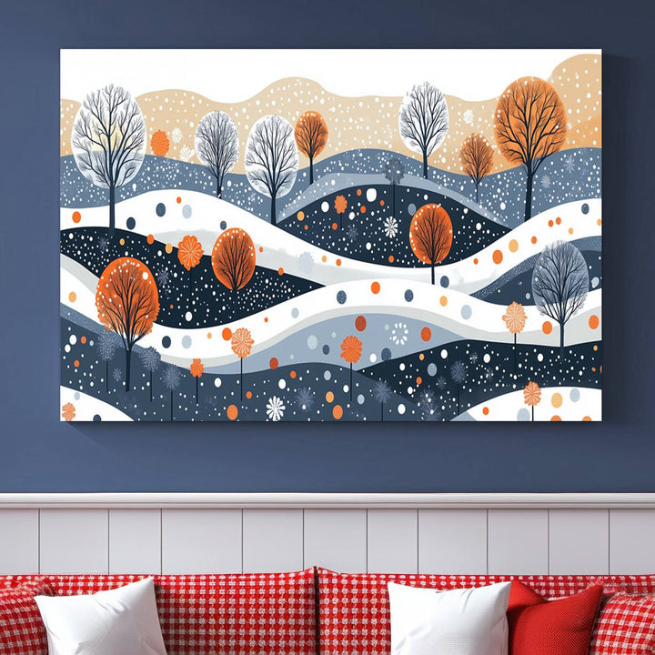 The "Abstract Winter Landscape Canvas Wall Art Print," featuring a triptych of landscapes with trees and hills in vibrant orange, white, and blue hues, adds a gallery-quality finish that transforms the space into an art lover's dream.