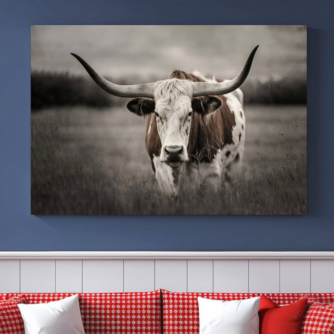 The Texas Longhorn Cow Canvas Wall Art Print adds a rustic touch to a living room.