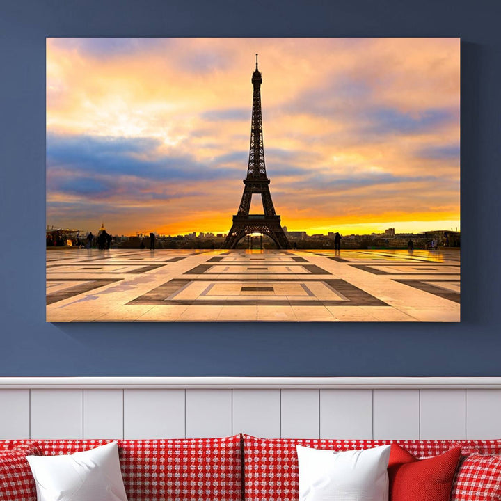 The "Paris Eiffel Tower Wall Art Canvas Prints" graces a wooden wall reminiscent of abstract expressionism.