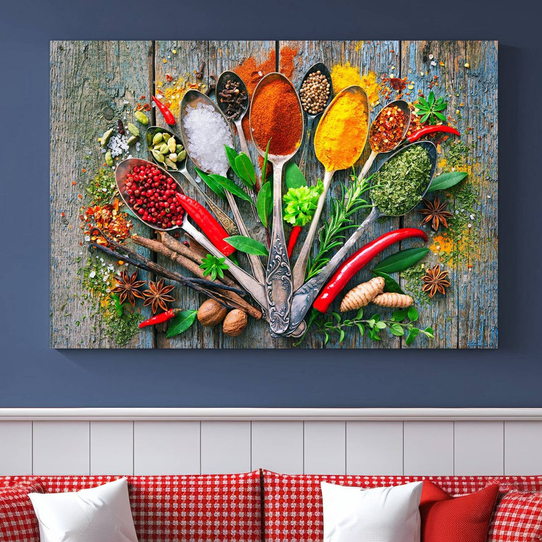 Vibrant Spoonful of Spices kitchen wall art canvas, a culinary triptych ideal for any dining room decor.