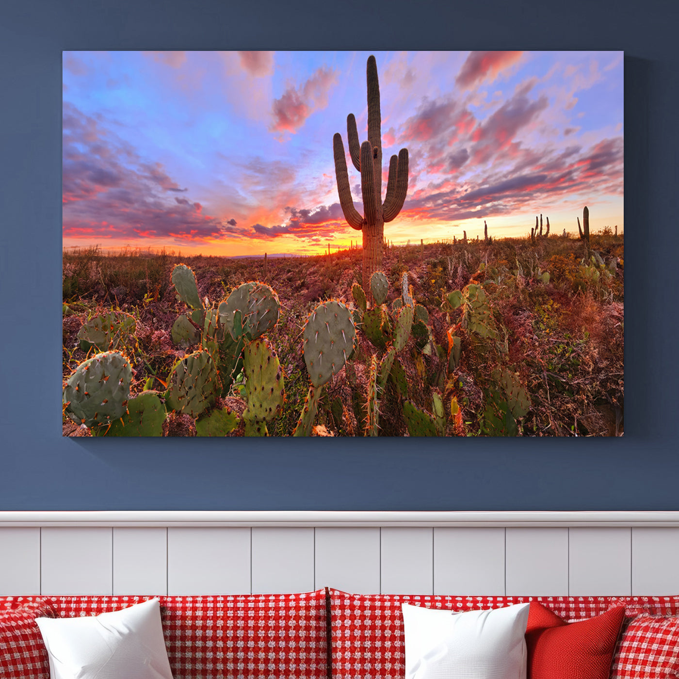 The Arizona Desert Sunset Wall Art Canvas Print hangs prominently.