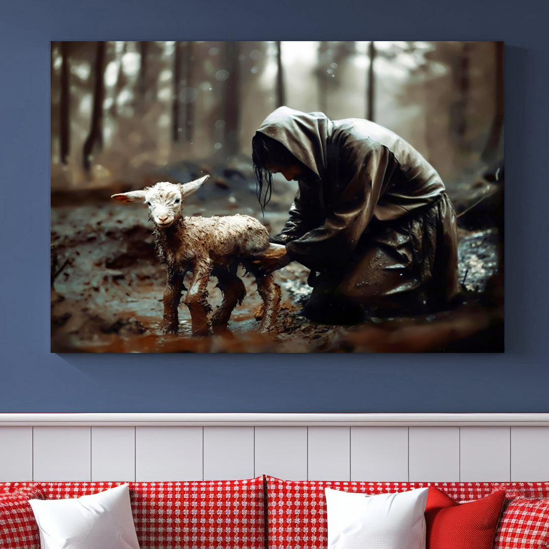 Jesus Lost Lamb Wall Art: A cloaked figure tends a lamb in a muddy forest.