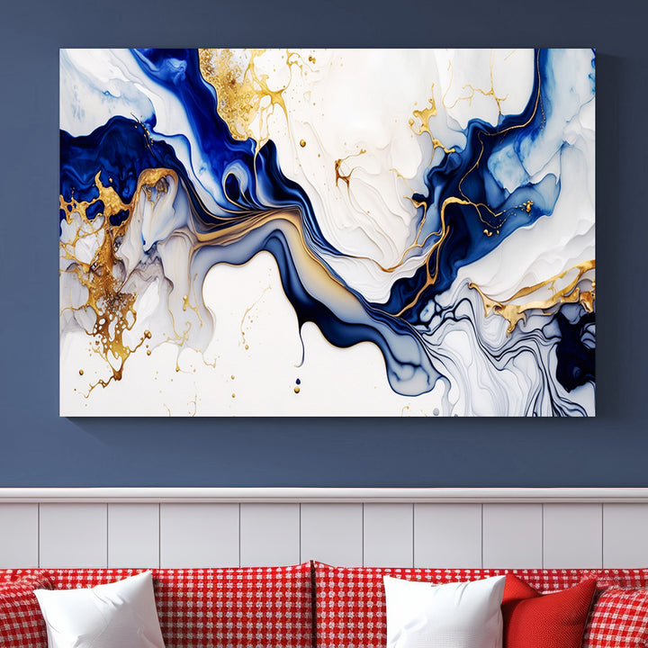 Golden Cascades on Midnight Blue wall art swirls above, featuring gold and white accents.