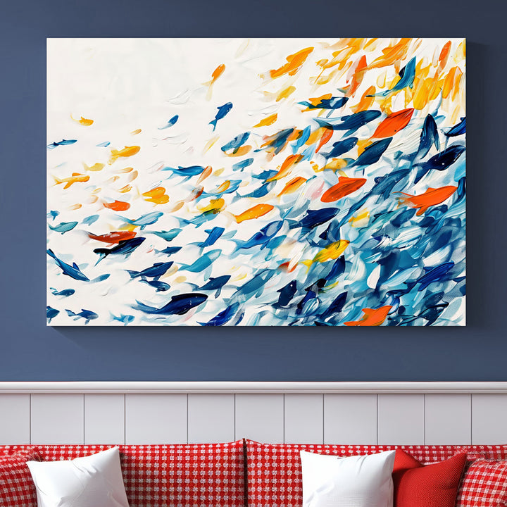 A colorful Abstract Fish Shoal Canvas Print hangs on the wall.