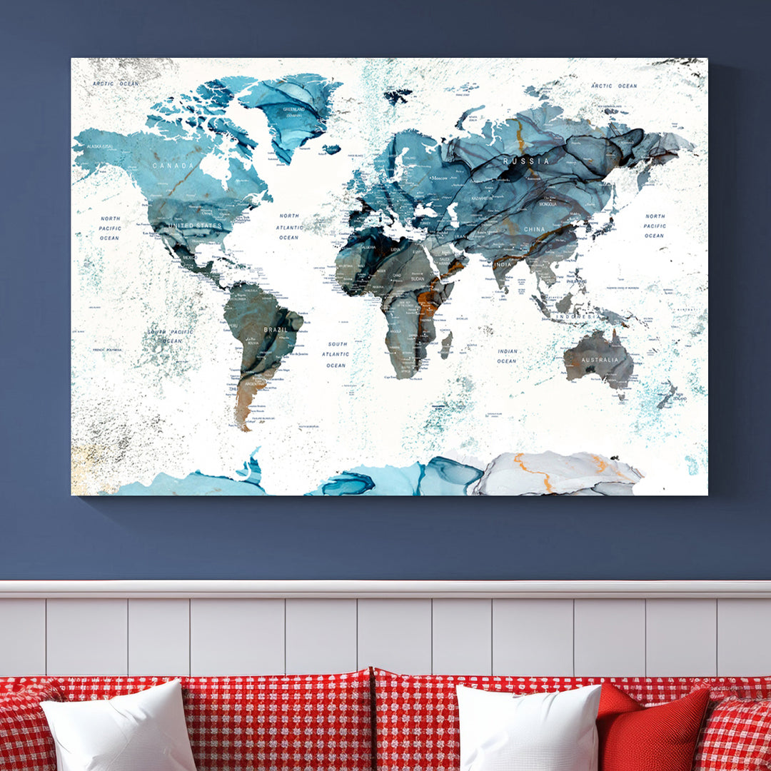 Push Pin World Map Wall Art Canvas Print adds a touch of elegance to the home decor.