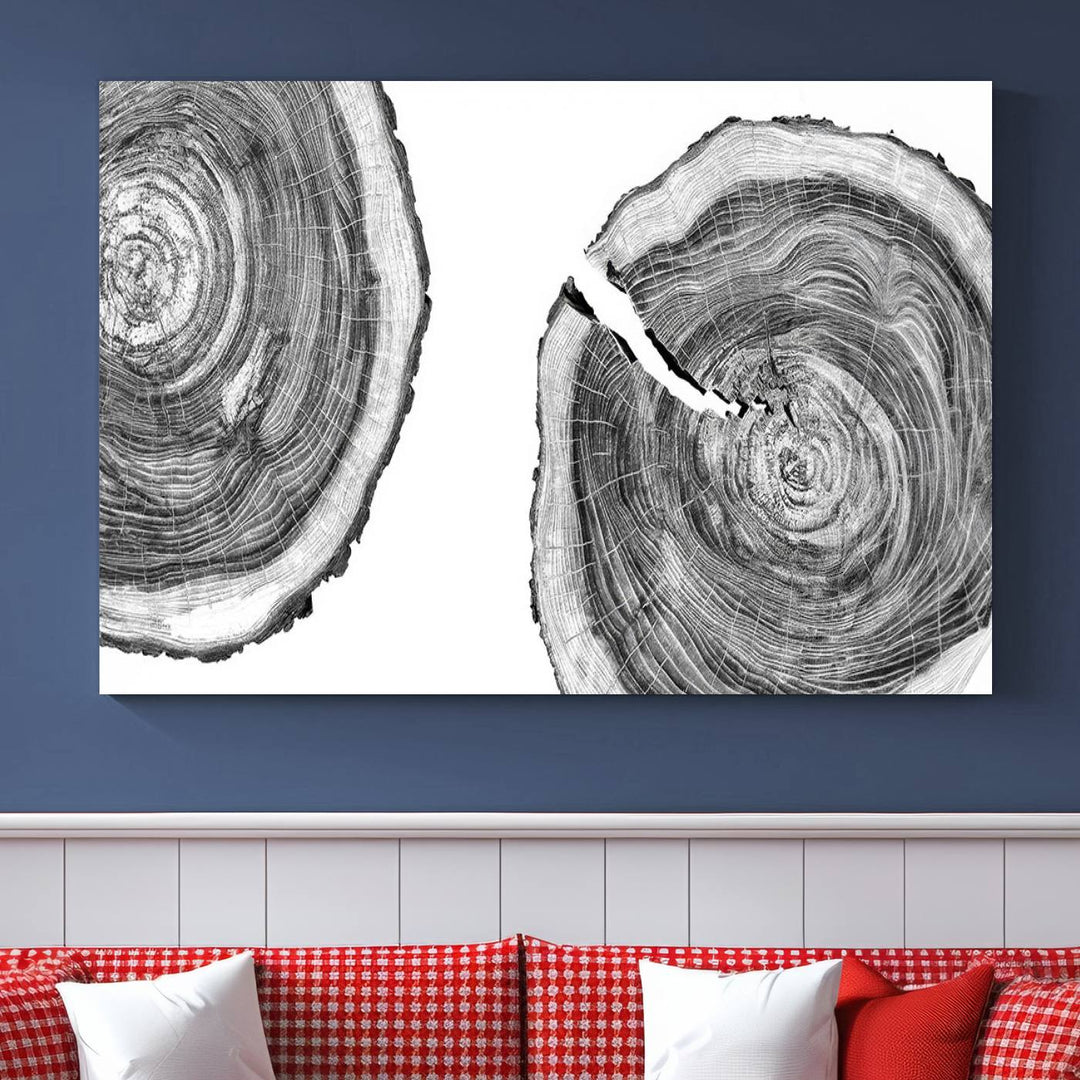 The modern black and white tree rings canvas art adds minimalist geometric decor with nature inspiration.