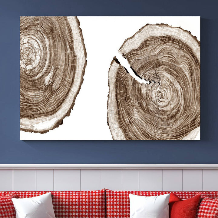 Wood Tree Ring Wall Art on a minimalist black and white canvas.