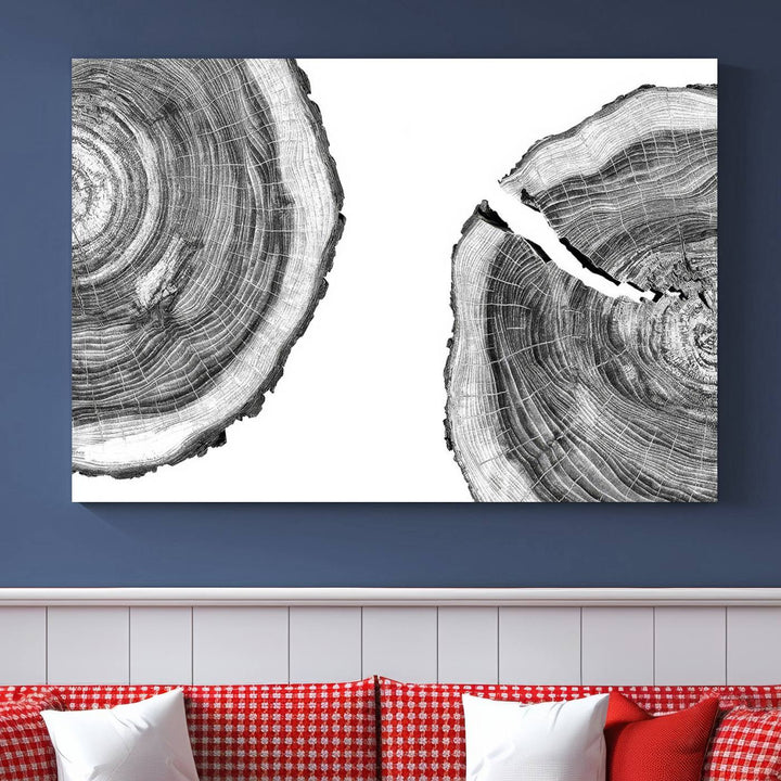 The minimalist art piece Abstract Large Tree Rings on canvas creates a striking focal point.