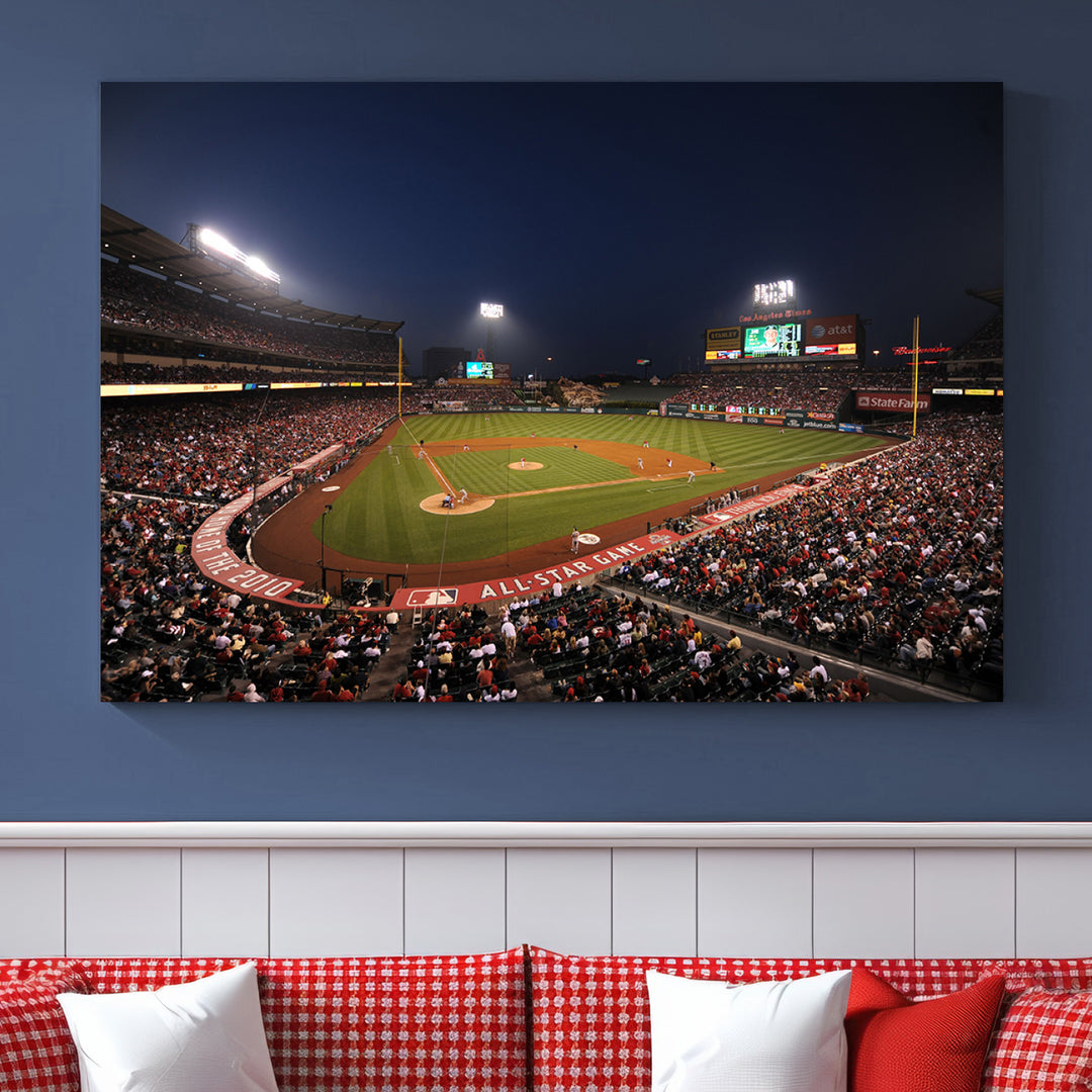 Aerial view of an LA Angels game at night, captured as stunning wall art on premium canvas, handmade in the USA.