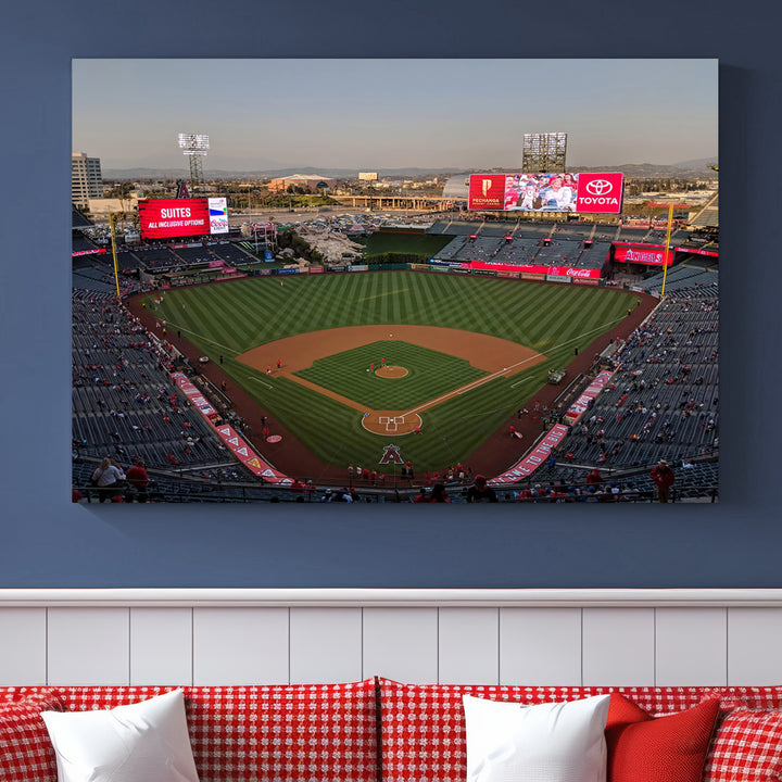 Aerial view of Angel Stadium, perfect as gallery-quality wall art - Los Angeles Angels Canvas Print.