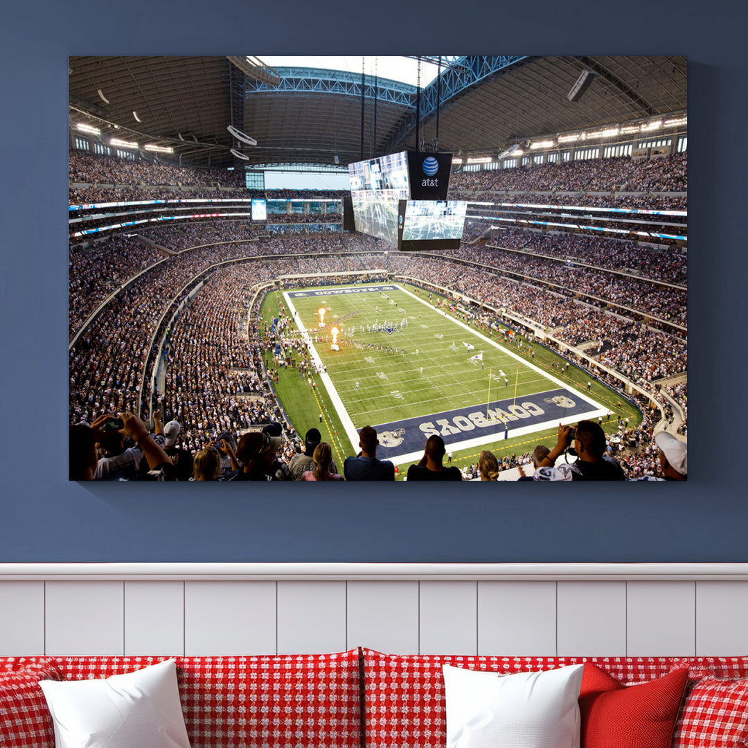 The wall art is a Dallas Cowboys AT&T Stadium Canvas Print, showcasing the iconic logo.