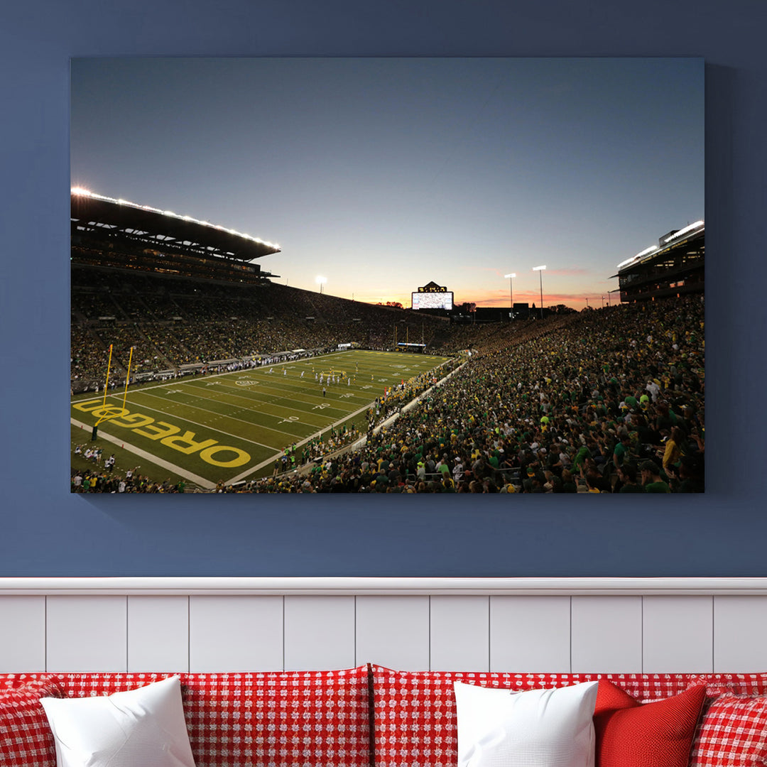 Canvas artwork depicting an Oregon Ducks football game at Autzen Stadium, capturing a sunset and packed stands.