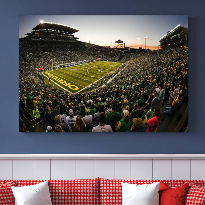 Autzen Stadium Evening Game Triple Canvas Wall Art - Oregon Ducks Football Match