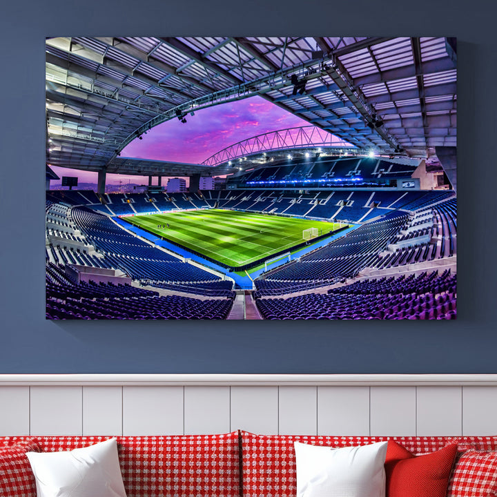 The FC Porto Soccer Team Dragon Stadium Wall Art Canvas Print decorates the room.