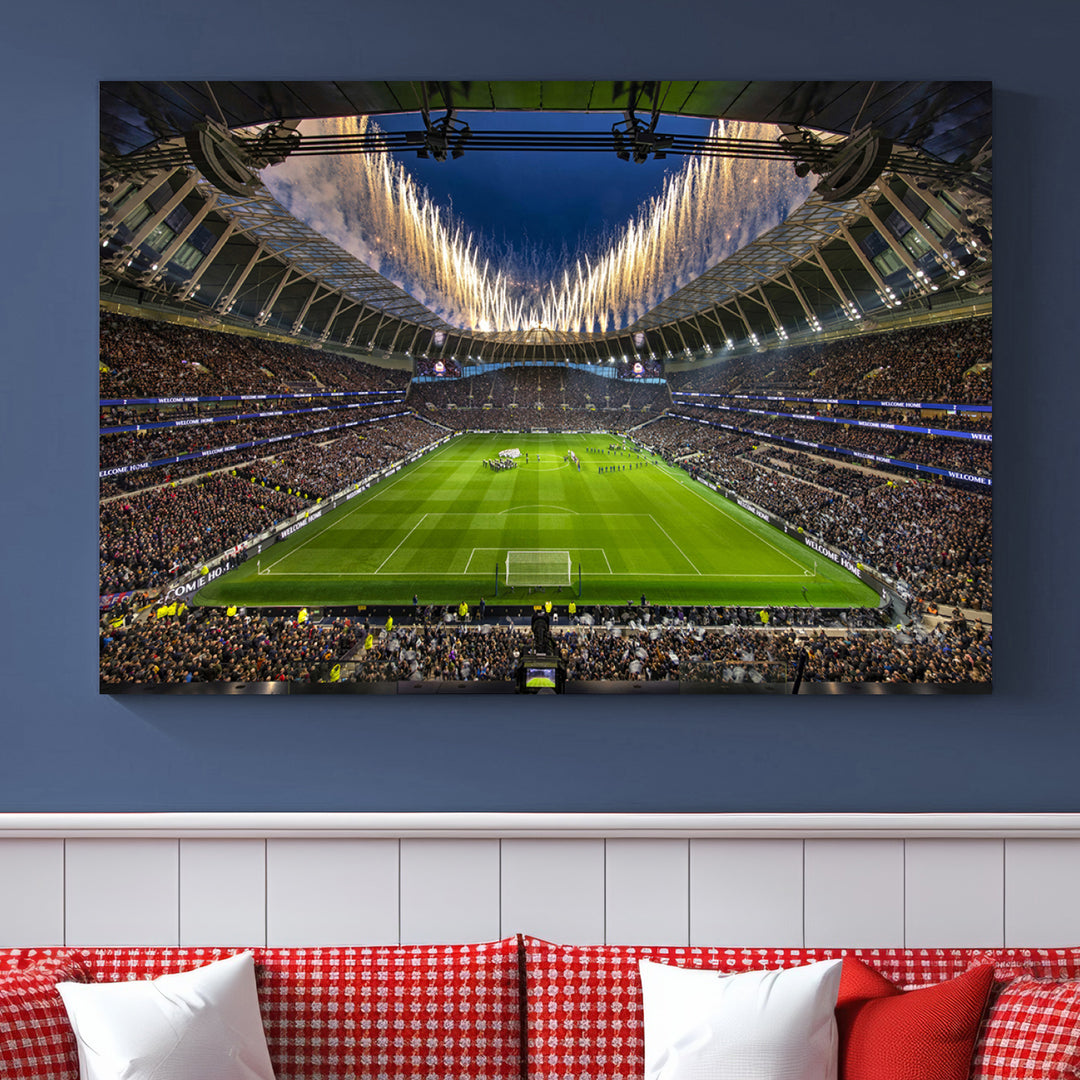 A stunning Tottenham Hotspur Stadium wall art captures the energy of a stadium packed with fans and vibrant lights.