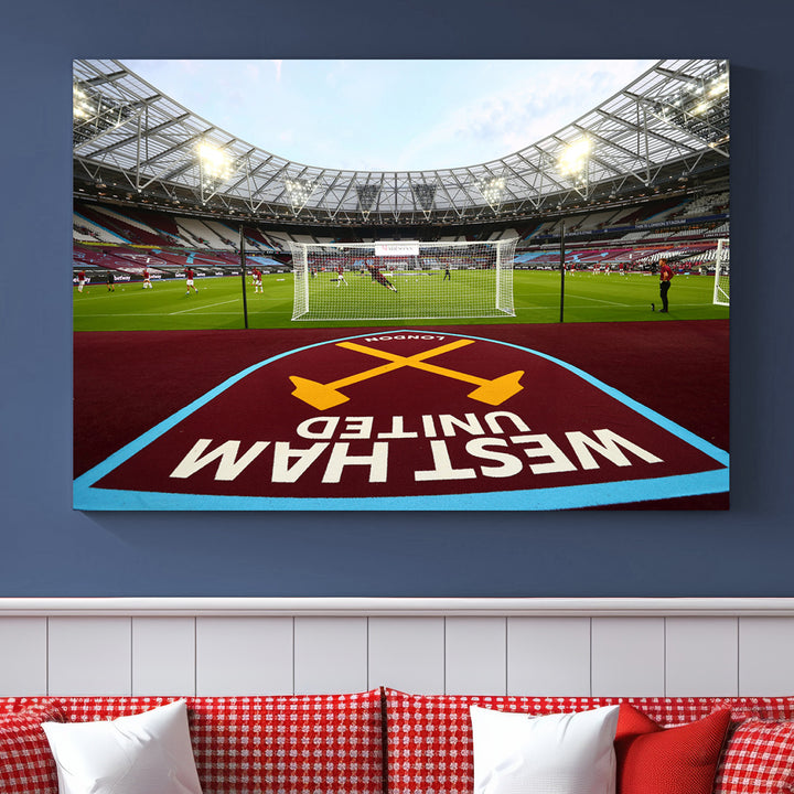 A soccer stadium with the West Ham United FC logo.