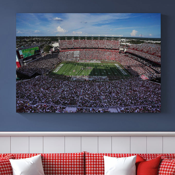 The wall art is a South Carolina Gamecocks print, showcasing Williams-Brice Stadium from a distance under clear skies.