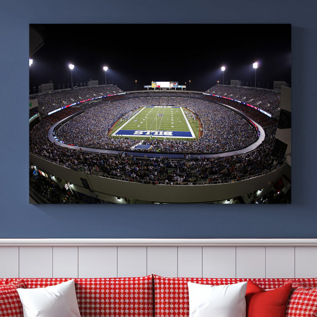 The Buffalo Bills NFL Highmark Stadium at night print captures the bright lights, conveying an exhilarating atmosphere.