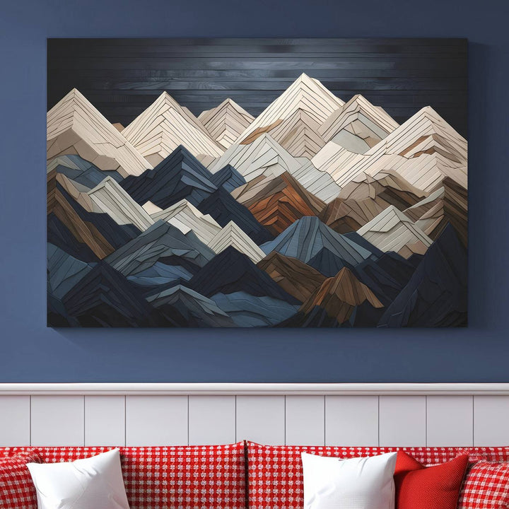 Wood Style Mountain Range Wall Art - Ready to Hang 3-Piece Set for Modern Rustic Decor, Abstract Wooden Design for Living Rooms, Bedrooms & Offices