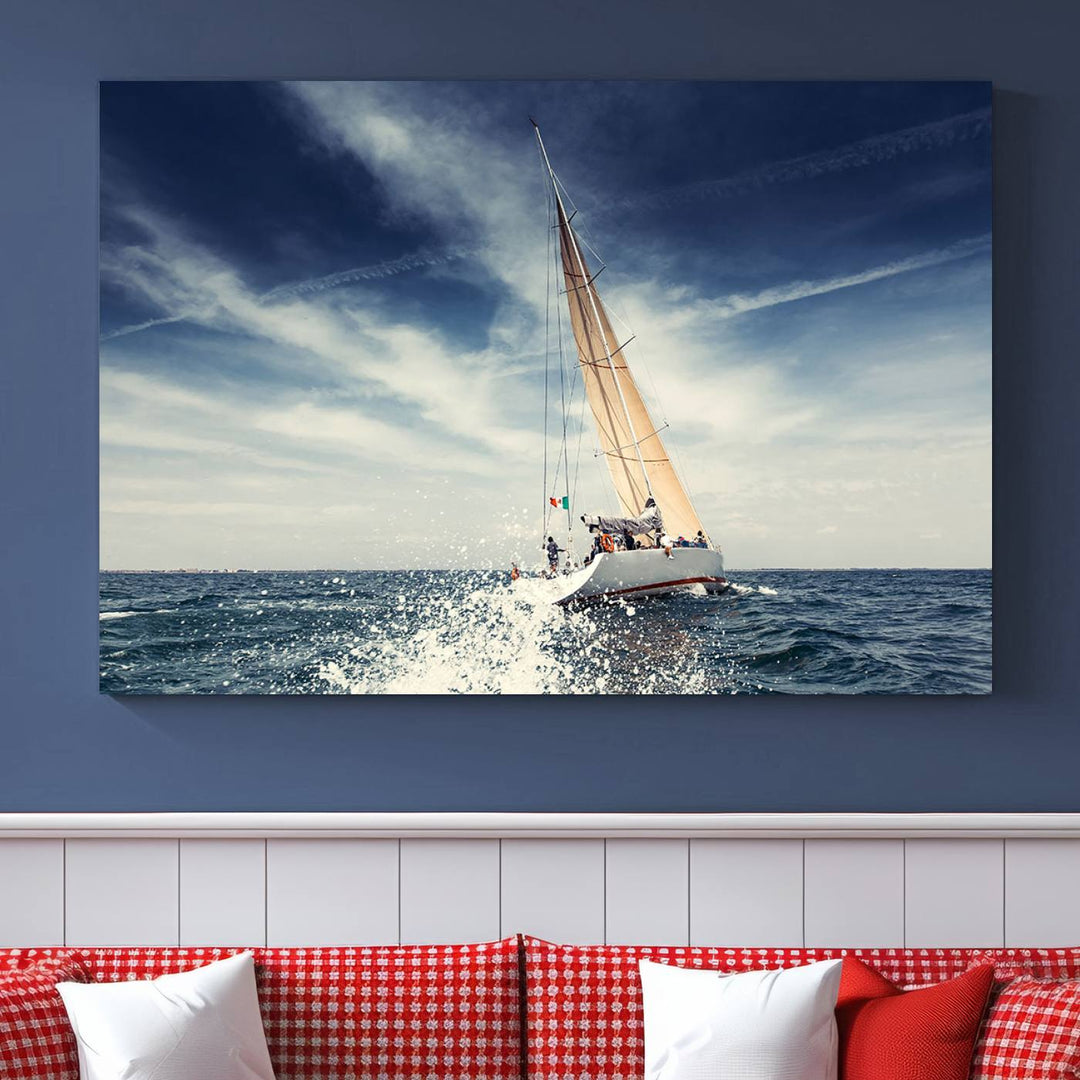 Sailboat Ocean Beach Blue Sky Wall Art Canvas Print