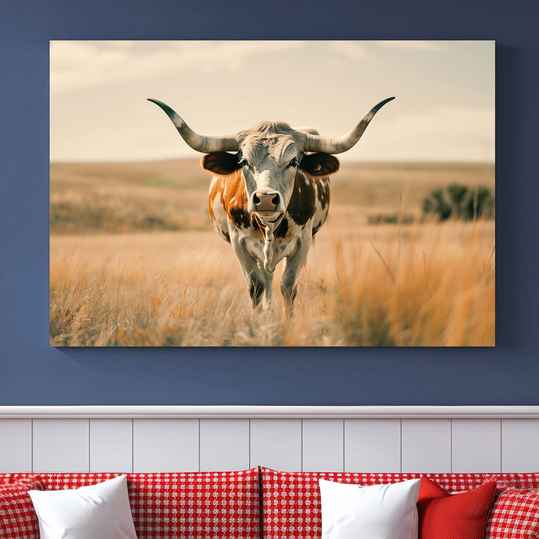 The Texas Cow Longhorn Wall Art Canvas adds rustic charm to the decor.