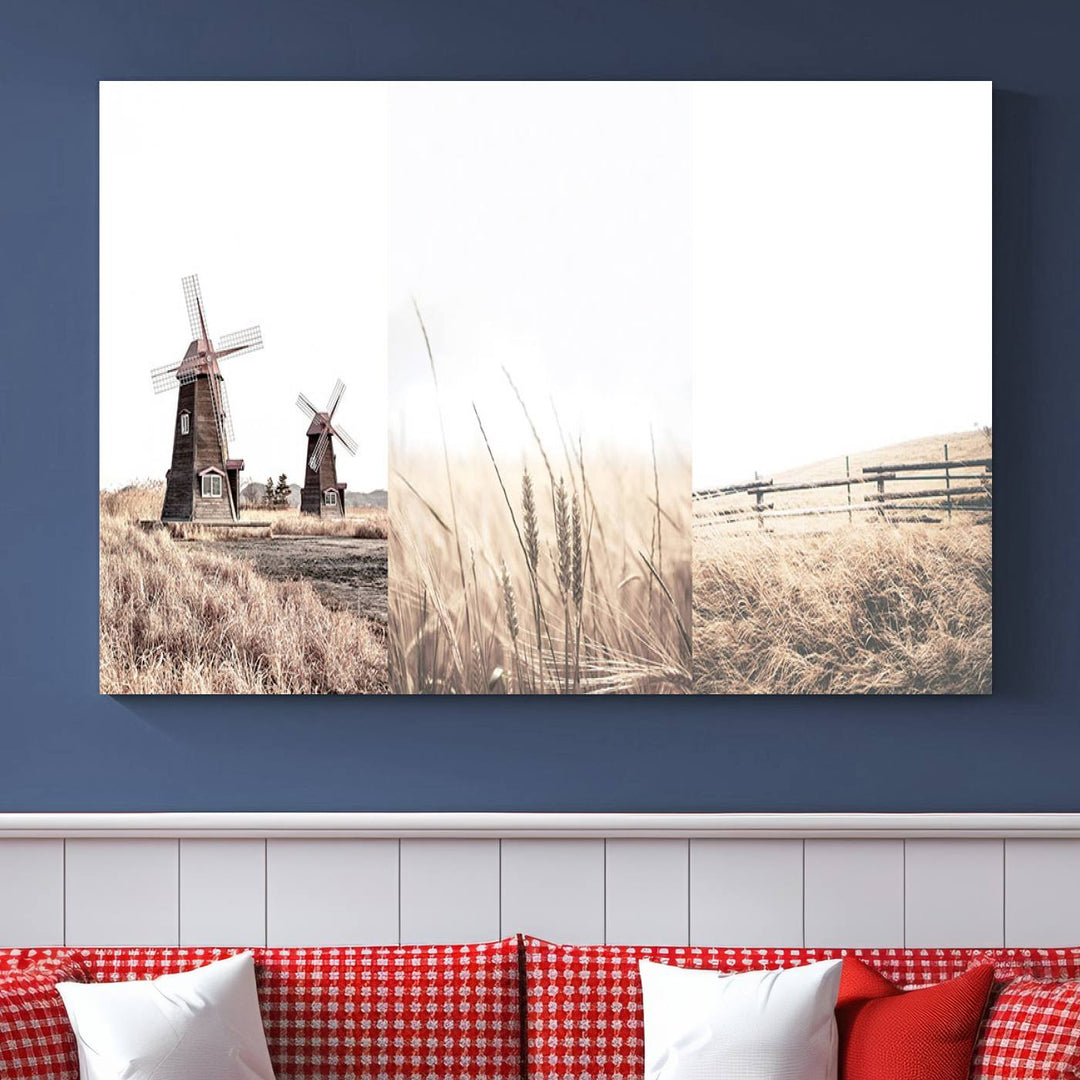 Farmhouse wall art set: 3 giclee canvas prints featuring windmills and wheat fields.