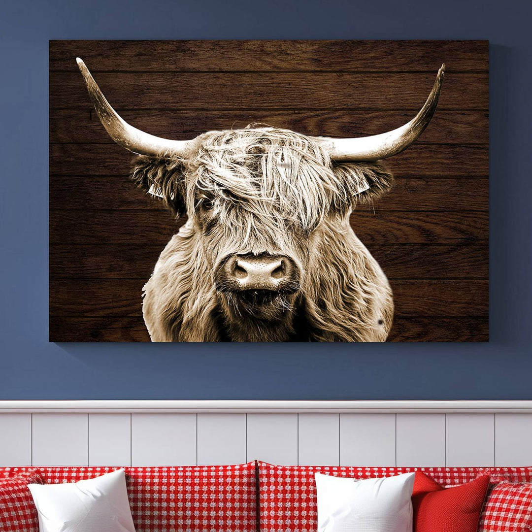 Highland Cow Wall Art Canvas Print, Rustic Farmhouse Decor, Majestic Scottish Highland Bull Portrait for Living Room – Ready to Hang