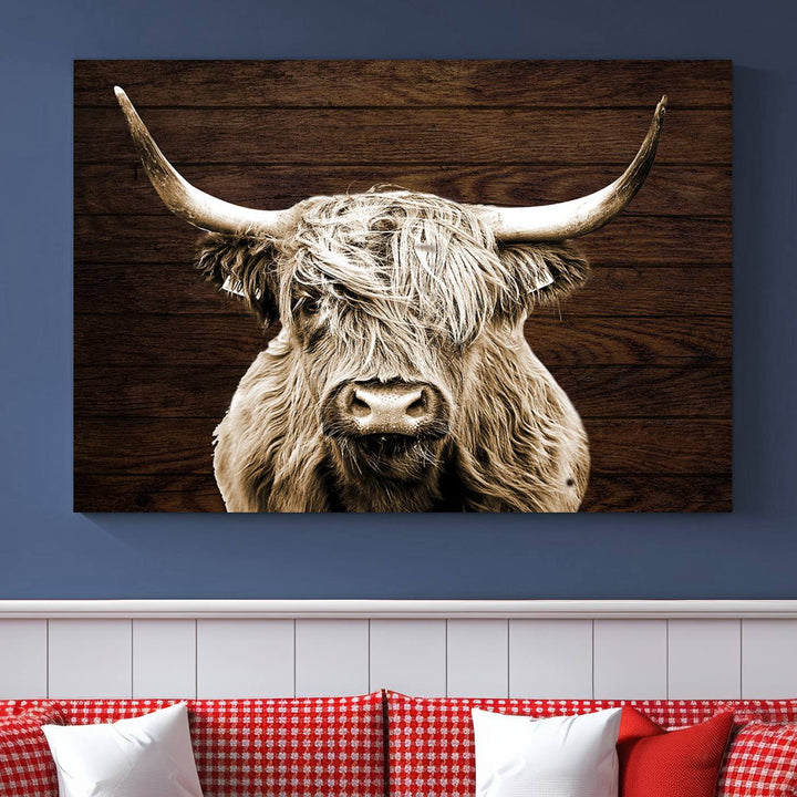 Highland Cow Wall Art Canvas Print: Majestic Scottish bull on rustic decor, ready to hang.