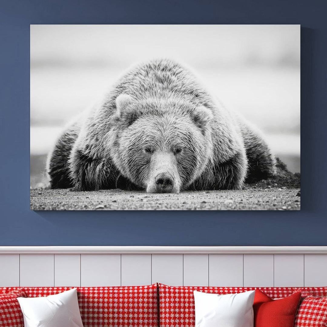 Resting Grizzly Bear wall art displayed in a modern room.