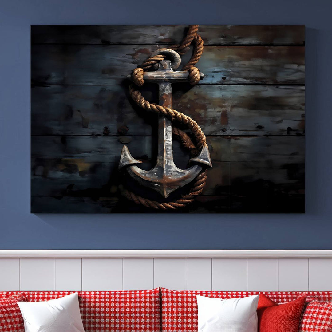 The wooden wall displays a 3 Panel Grunge Abstract Anchor Wall Art Canvas Print Set.