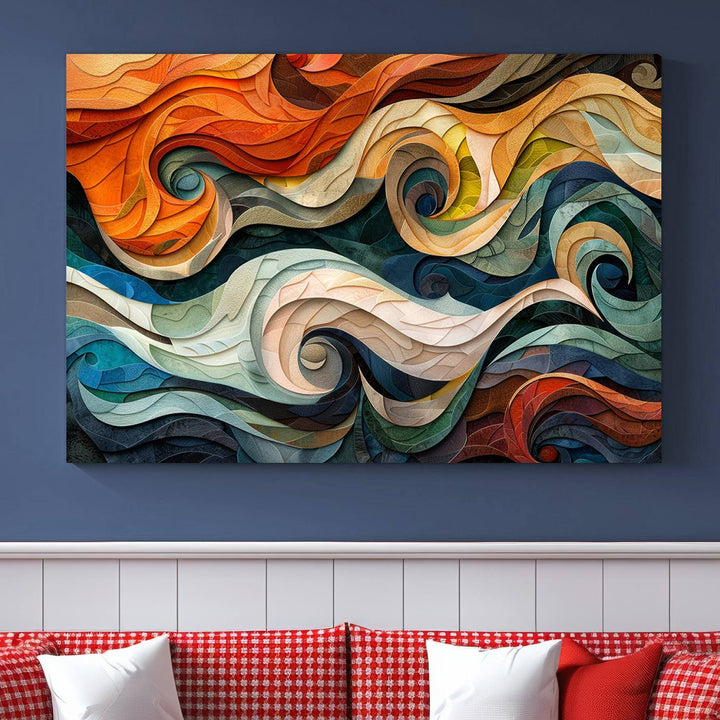 Abstract Wave Wall Art is a ready-to-hang framed canvas print featuring swirling orange, blue, and white patterns. It's perfect for adding vibrant decor to modern spaces.