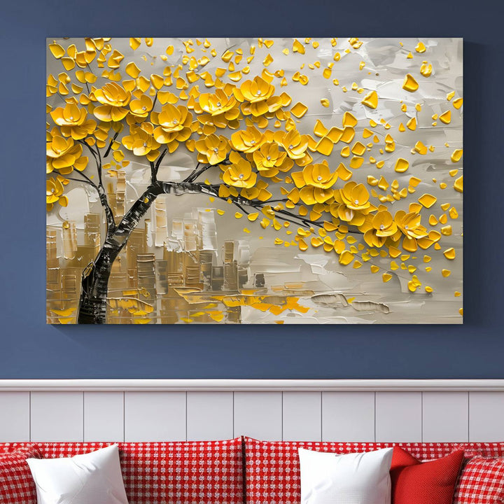 The living room showcases a Yellow Blossom Tree Canvas Wall Art, modern and floral.