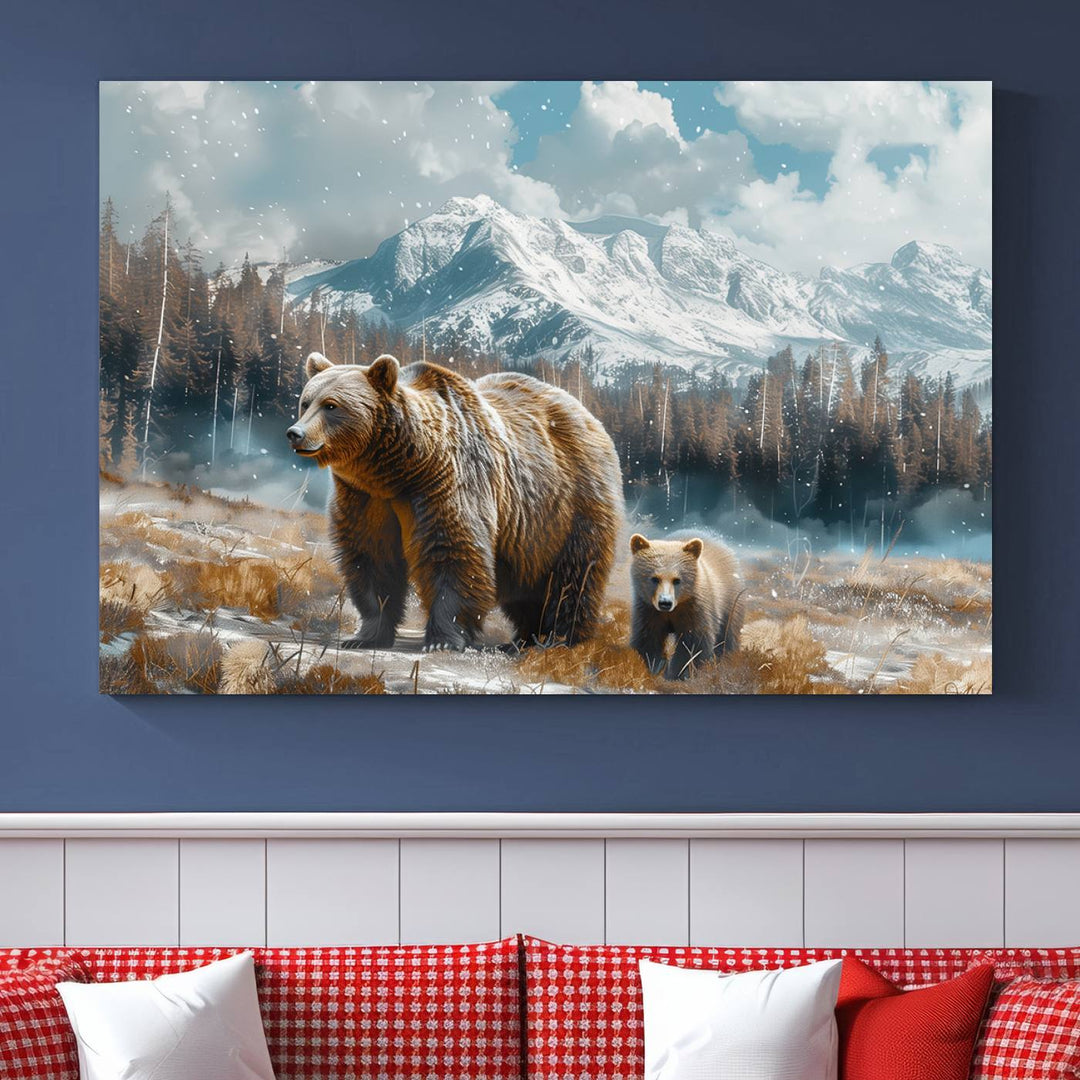 The modern living room features a Bear and Baby Bear Wall Art Canvas Print depicting a snowy mountain landscape, making it a stunning visual piece and a meaningful gift idea.