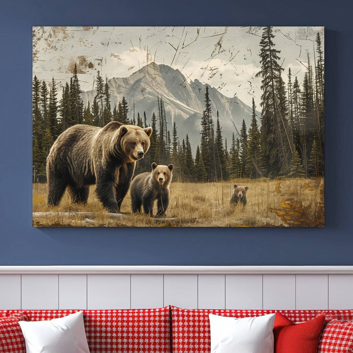 Rustic Grizzly 399: Bear Family Wall Art Canvas Print.