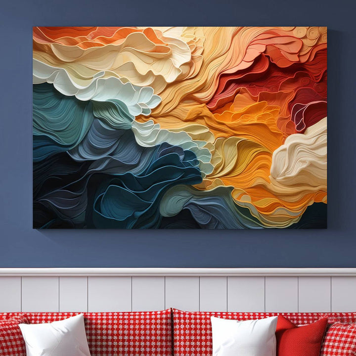 A Blue Orange Abstract Wave Wall Art Canvas Print adorns the wall. This colorful masterpiece is professionally hand-assembled to enhance any space.