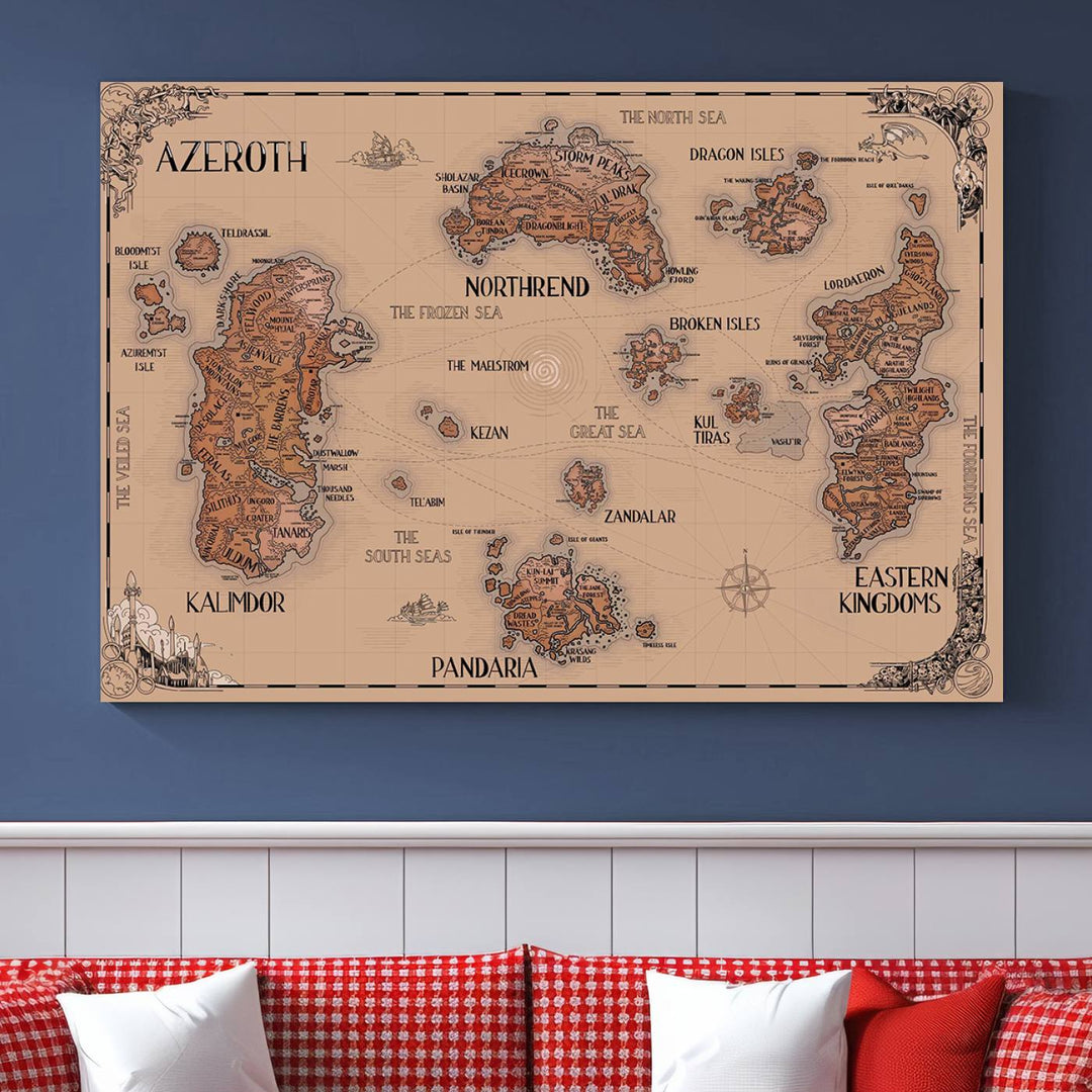 The Vintage Azeroth World Map Canvas Print, a stunning three-piece set, enhances the space with its vintage charm, perfectly complementing your gaming decor.