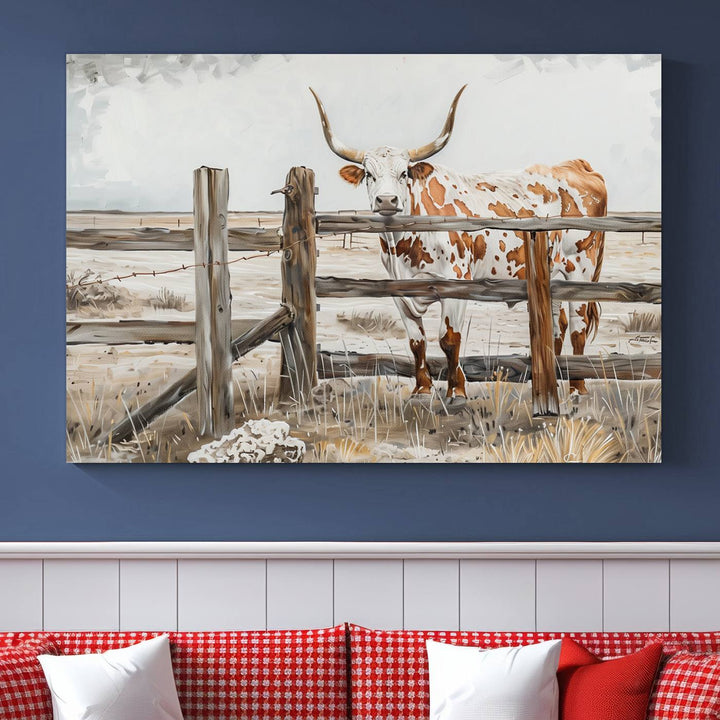 The Abstract Longhorn Cow Wall Art, a ready-to-hang framed canvas print, adds rustic charm and perfectly captures the essence of rural elegance.