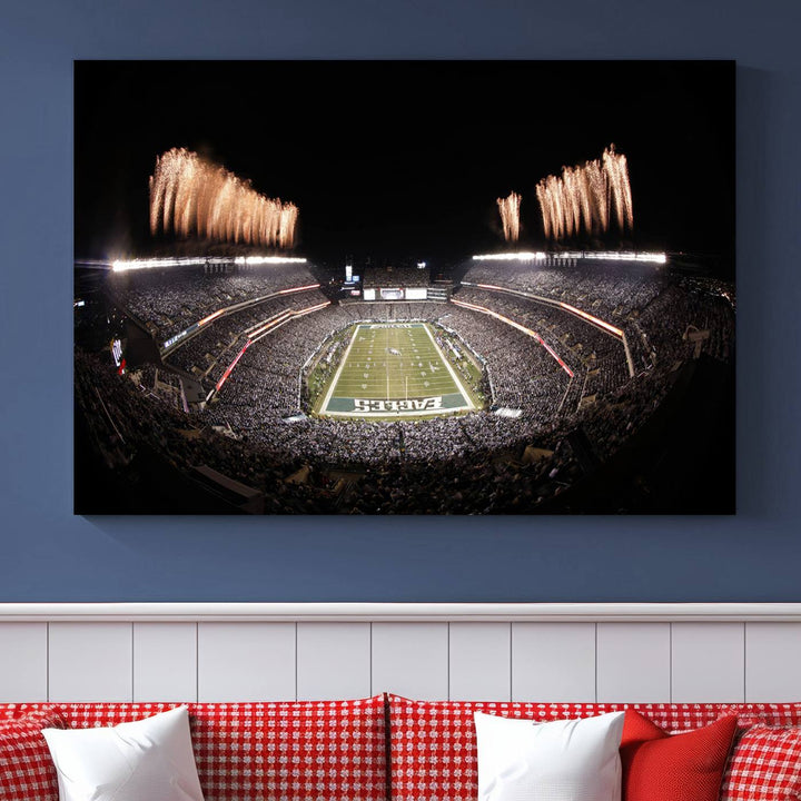 Experience the breathtaking Lincoln Financial Field Fireworks Game captured in this triple canvas wall art. A must-have for any Philadelphia Eagles fan!