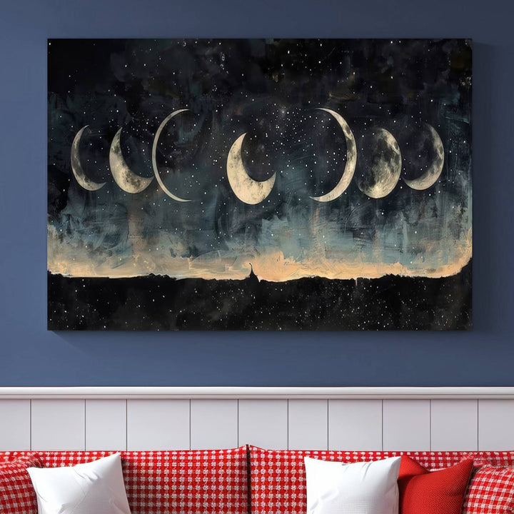 The "Phases of the Moon Wall Art," a framed canvas series capturing the celestial beauty of lunar cycles against a starry night, adds an elegant touch to the contemporary dining room.