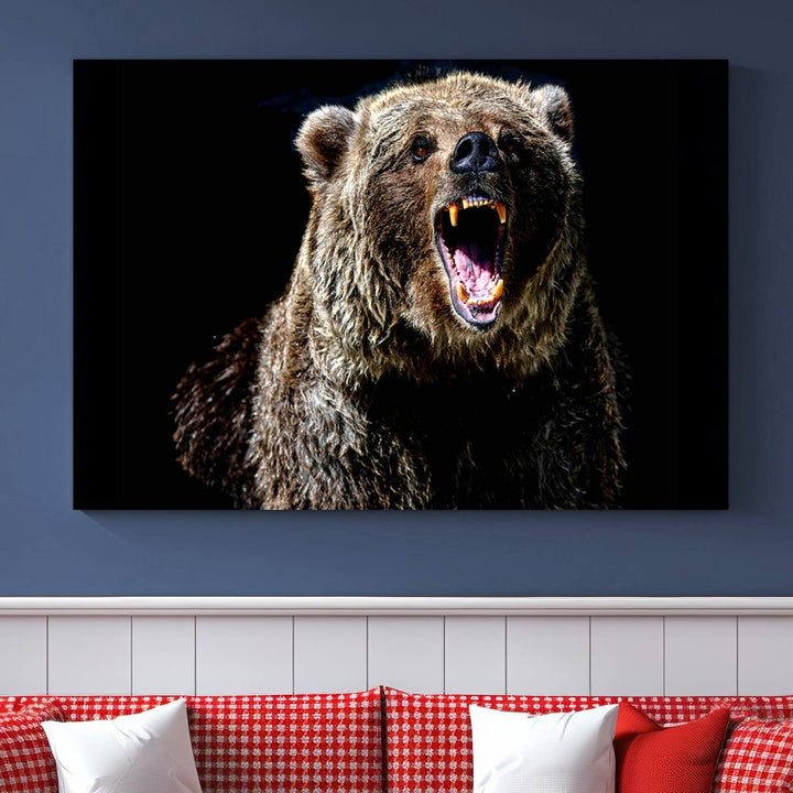 The Grizzly Bear Canvas Print, featuring wildlife wall art on a black background, is ready to hang and is perfect for rustic cabin decor.